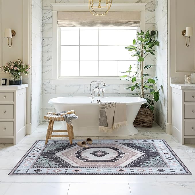 Fame Living Washable Area Rug. Modern Farmhouse. Vintage. Turkish. Bohemian. Distressed. Oriental. Traditional. Rugs for Living Room. Dining. Bedroom. Office. Entryway. (856BlckGry, 5'9" x 8'9")