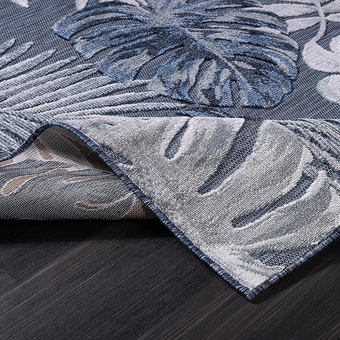 CAMILSON Indoor Outdoor Rug, Navy Blue 6’x9’ Leaf Tropical Botanical Area Rugs for Indoor and Outdoor patios, Easy-Cleaning Non-Shedding Living Room, Garden and Kitchen Washable Outside Carpet (6x9)