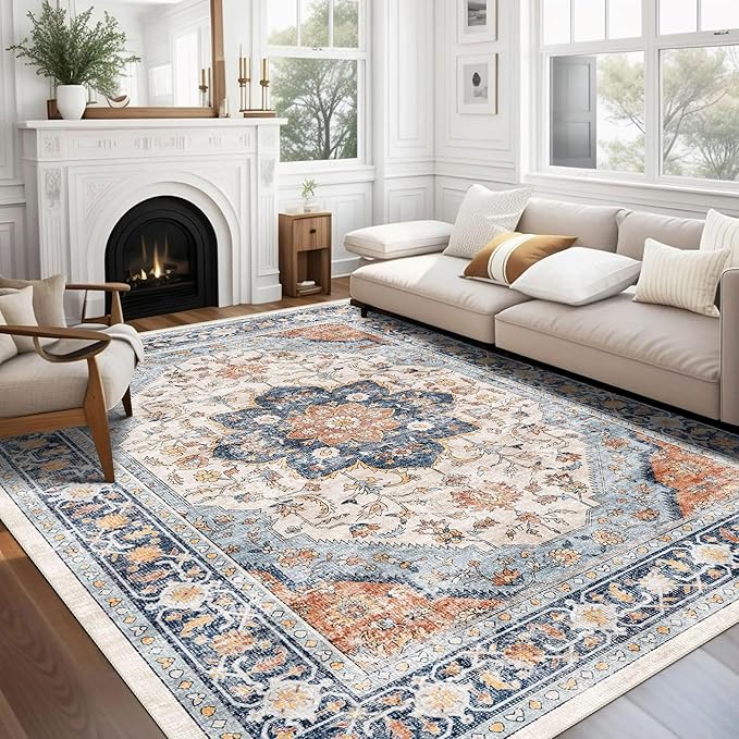 vivorug 4x6 Rug, Boho Small Area Rug for Living Room, Bedroom, Kitchen, Machine Washable Non-Slip Throw Rug, Vintage Floral Carpet for Entryway Nursery Coffee Table - Durable (Orange/Navy)