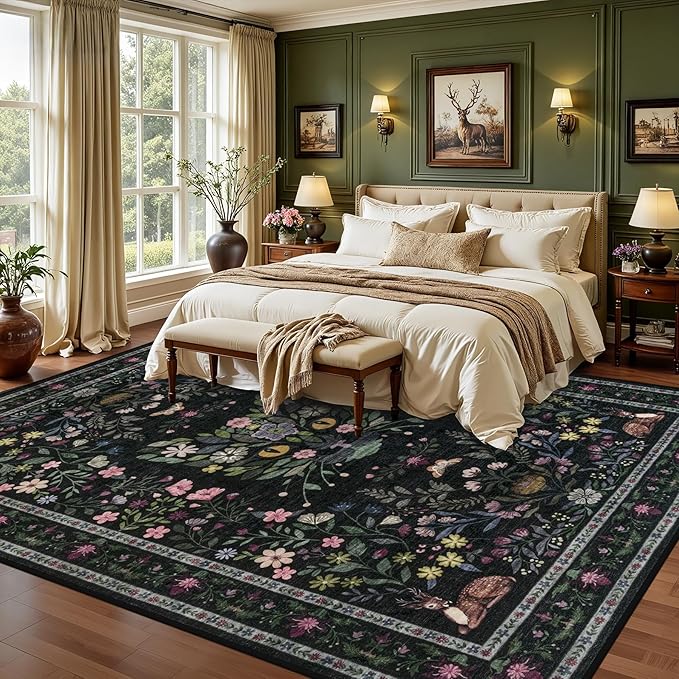 9x12 Area Rugs Living Room Rug: Vintage Washable Rug Floral Soft Carpet Indoor Floor Non-Slip Boho Stain Resistant Large Carpets for Bedroom Kids Nursery Dining Room Farmhouse Home Office Black/C02