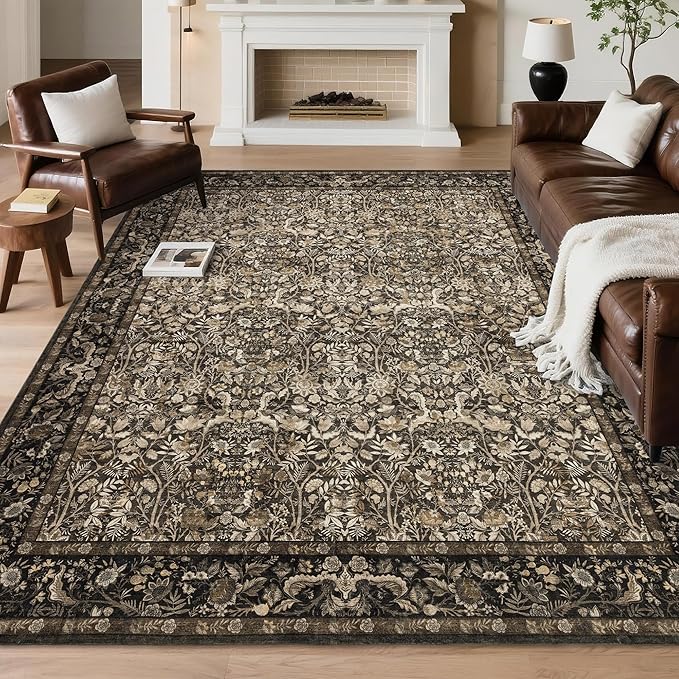 Washable Living Room Rug: 6x9 Boho Floral Soft Area Rug for Bedroom Decor - Vintage Low Pile Thin Carpet for Dining Room Non-Slip - Farmhouse Stain Resistant Rugs - Dark Brown