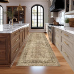 Fmfunctex 3x7 Runner Rug Brown Washable Vintage Neutral Distressed Non Slip Low Pile Indoor Carpet Soft Retro Floral Hallway Entryway Rug for Kitchen Living Room Bedroom Bathroom Laundry Entry Bedside