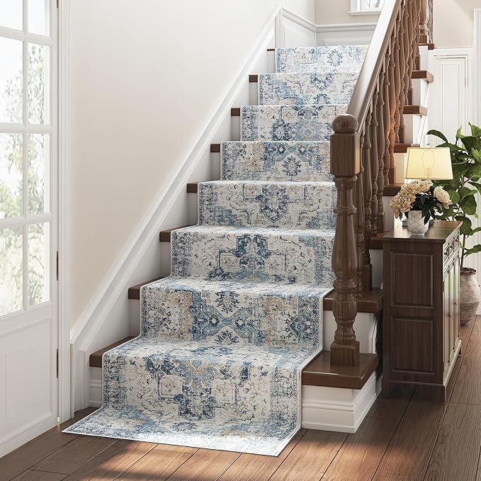 jinchan Kelda Runner Rug 2x7 Hallway Rug Washable Runner Vintage Mat Retro Print Lightweight Non-Slip Floor Cover Distressed Thin Carpet for Entryway Bathroom Bedroom Laundry Room Stairway Blue