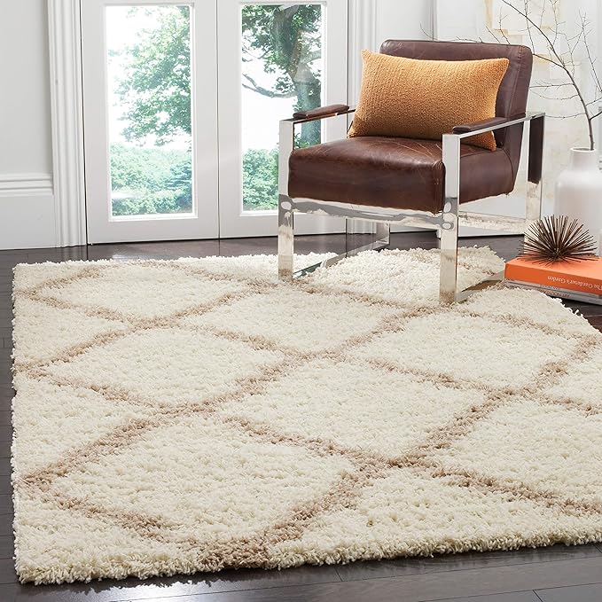 SAFAVIEH Dallas Shag Collection Accent Rug - 3' x 5', Ivory & Beige, Trellis Design, Non-Shedding & Easy Care, 1.5-inch Thick Ideal for High Traffic Areas in Entryway, Living Room, Bedroom (SGD257B)
