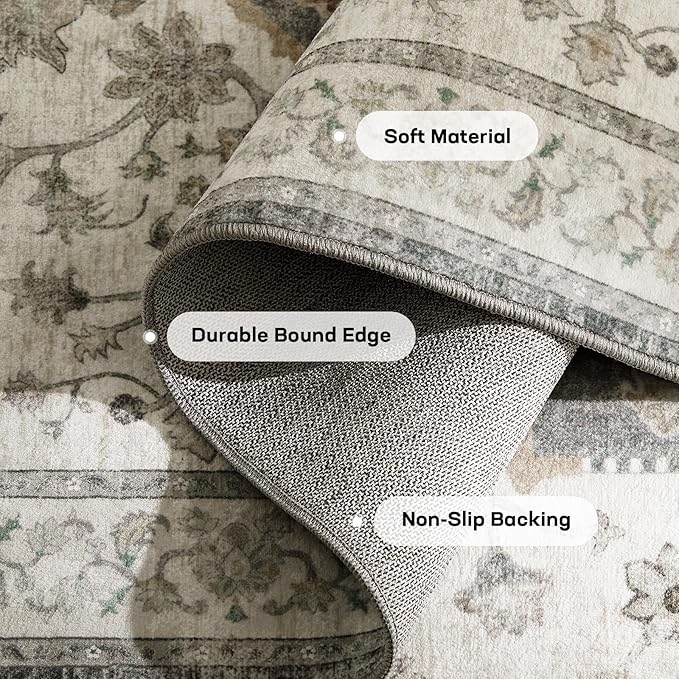 Marsail 9x12 Machine Washable Area Rug, Soft & Slip-Resistant Large Area Rug with Reinforced Bound Edges, Vintage Short-Pile Washable Rug with Floral Pattern for Living Room, Dinning Room and Bedroom