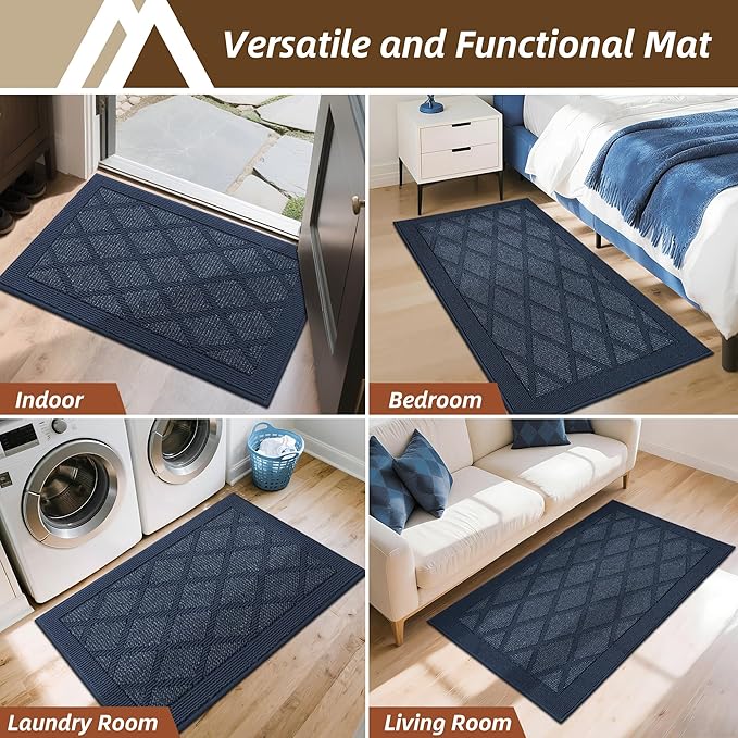 COSY HOMEER Non-Slip Door Mat 36"x60", Entryway Rugs Low Profile Absorbent Dirt Trapper Doormat for Front Entrance, Washable Polypropylene Entry Mat (Blue)