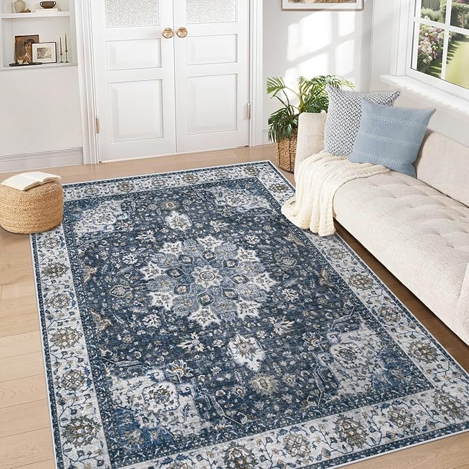 Area Rug 5x7 Washable Rug, Vintage Boho Medallion Rugs Non-Slip Soft Low Pile Large Distressed Rug Indoor Retro Carpet for Living Room Bedroom Dining Room Home Office (Vintage Blue, 5'x7')