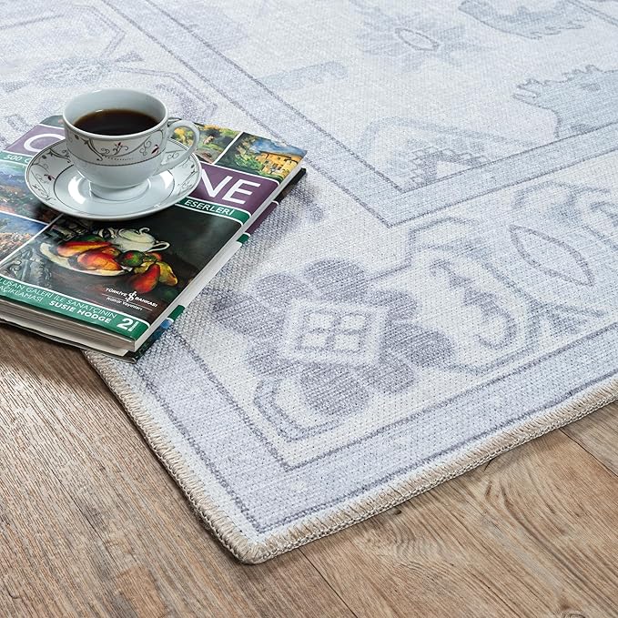 Fame Living Beige Oushak Rug, Modern Small Rugs, Vintage, Turkish, Eclectic, Floral, Pastel, Washable, Door Mat, Doormat for Indoor Entrance, Entryway, Kitchen, Bathroom, Bedroom, Laundry, 2'x3'