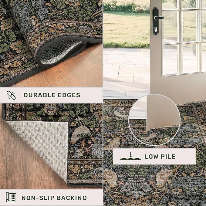 Washable Dark Vintage Floral Rugs for Entryway - Small 2x3 Washable Rug for Kitchen Bathroom Door Mat Indoor Entrance with Bird & Botanical Pattern, Brown Earthy Tones, Non Slip Low Pile