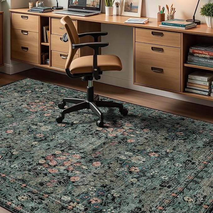 Large Moody 3x5 Rugs for Entryway Indoor, Dark Green Washable French Country Inspired Non Slip Area Rug for Dorm, Kitchen, Bedroom Bedside, Foyer, Laundry Room - Boho Distressed Floral Front Door Mat