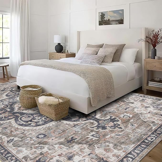ReaLife Rugs Machine Washable Area Rug - Living Room Bedroom Bathroom Kitchen Entryway Office - Padded Low Pile Stain Resistant Premium - Boho Farmhouse Vintage - Joy - Brown Beige 7'6" x 9'6"