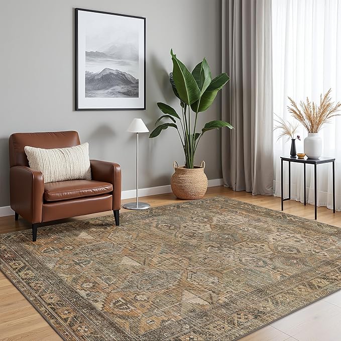 Bavni Washable Rug 6x9 Area Rug for Living Room Bedroom Dining, Washable Vintage Print Carpet, Ultra-Thin Chenille Low Pile Lightweight Rug with Non Slip Backing, Warm Taupe