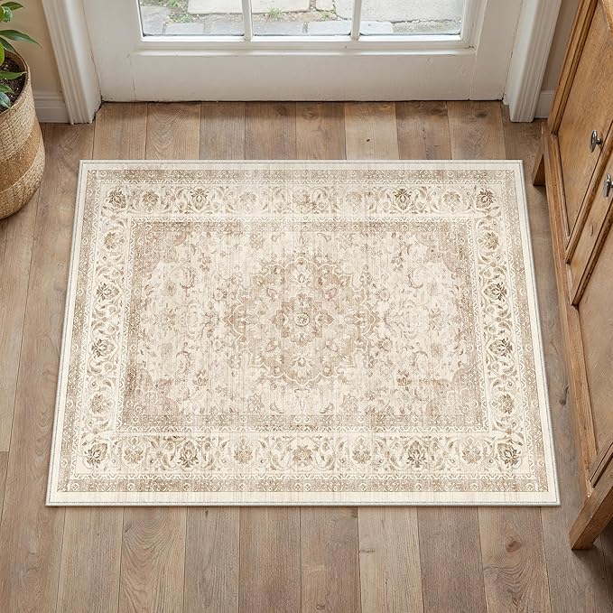 2x3 Beige Washable Vintage Runner Rug for Living Room Bedroom Soft Tranditional Non Slip Thin Throw Rug Lightweight Floral Low Pile Distressed Carpet Doormat Kitchen Entrance Hallway Laundry