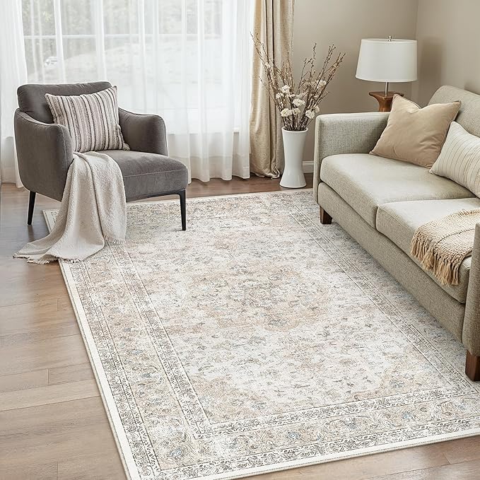 3x5 Washable Vintage Area Rug for Living Room Bedroom Beige Grey Soft Tranditional Non Slip Thin Throw Rug Lightweight Floral Low Pile Distressed Carpet Entrance Laundry Room Playroom