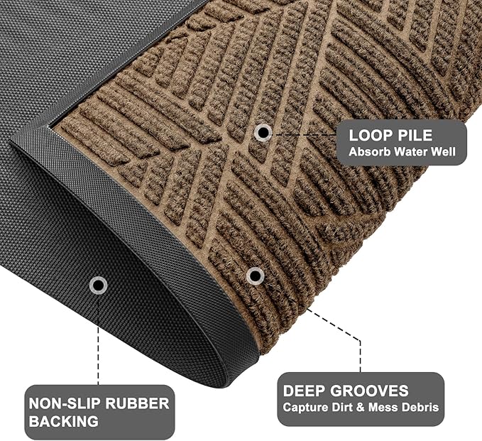 Kitinjoy Front Door Mat Outside Entrance, Sturdy Natural Dirt Trapper, Heavy Duty Rubber Doormat, Low Profile Non-Slip Backing, Easy Clean Floor Mat for Indoor Outdoor Entry, 35X23 Inch, Brown