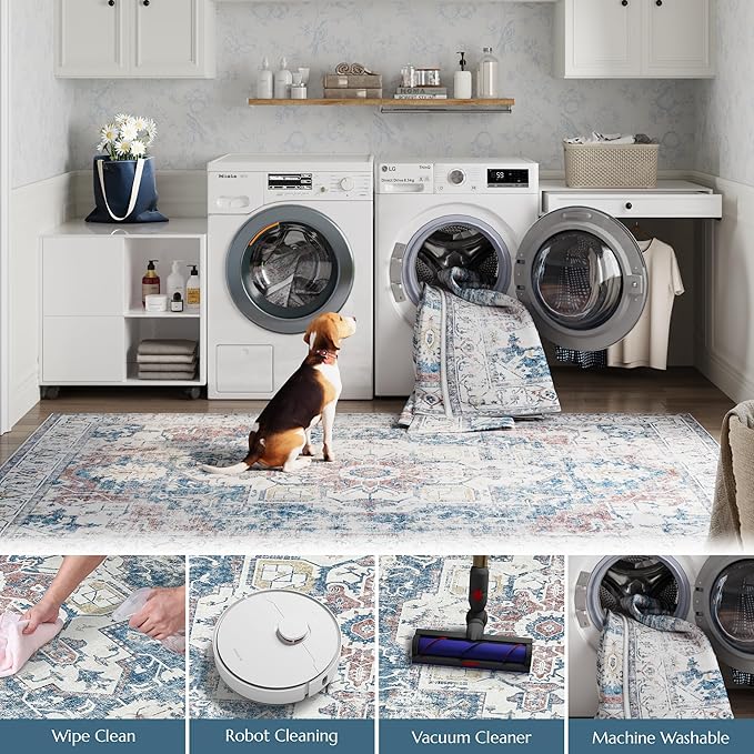 jinchan Kelda Runner Rug 3x10 Vintage Hallway Rug Washable Runner Retro Floor Cover Lightweight Non-Slip Low Pile Thin Distressed Carpet for Entryway Bathroom Laundry Room Bedroom Stairway Navy Blue
