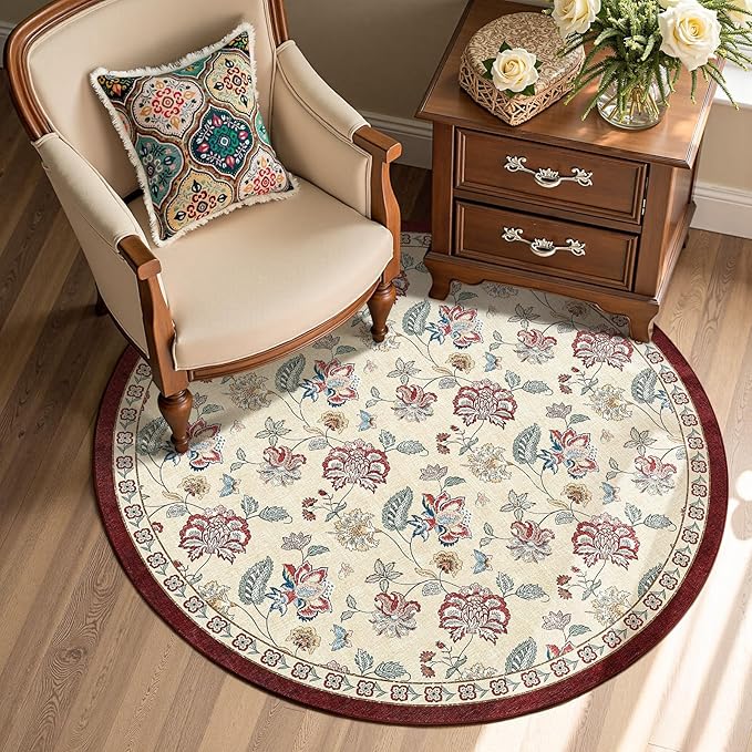 jinchan Elora 4ft Floral Round Rug for Entryway Washable Kitchen Rug Vintage Romance Design Non Slip Indoor Doormat Lightweight Low-Profile Throw Carpet for Living Room Dining Room Bedroom, Red/Beige
