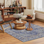 Washable Area Rug 5' x 7' Vintage Traditional Persian Mat - Foldable Distressed Non-Slip Machine Washable Carpet for Living Room Bedroom Kitchen Home Decor - Indigo and Gold