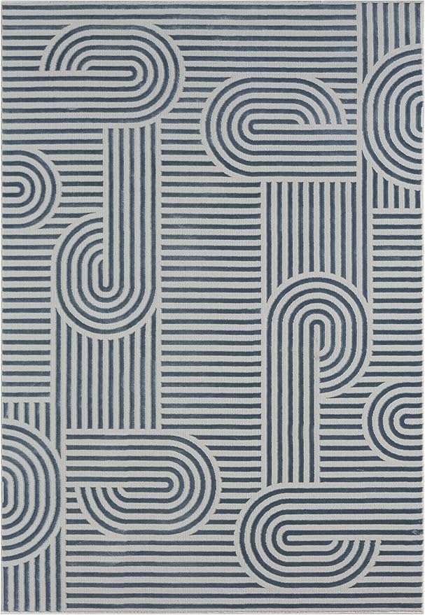 Annabel Modern Geometric Area Rug for Living Room, 5x7 Contemporary Arched and Linear Blue Rug, High-Low Pile Stain Resistant Carpet for Bedroom, Dining Room or Kitchen (5' x 7', Blue)