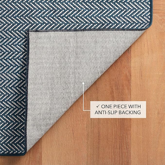 Dash and Albert Herringbone Machine Washable Area Rug - 5' x 8' Navy - Geometric Accent Rug - Anti-Slip Backing, Lightweight, Machine Washable, High Traffic Areas Kitchen, Mudroom, Laundry Room