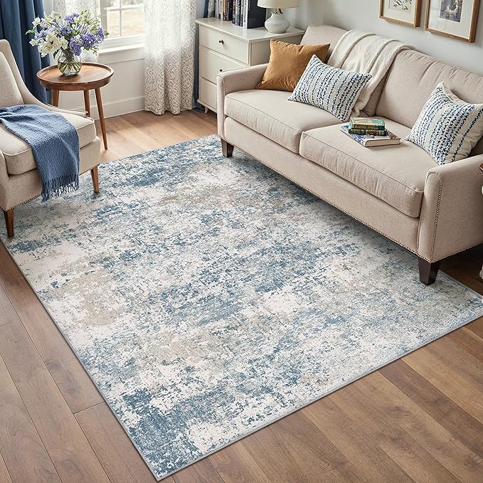 Blue 5x7 Area Rug Washable Modern Abstract Living Room Carpet Non Slip Neutral Low Pile Soft Contemporary Aesthetic Indoor Rug for Kitchen Office Laundry Bedroom Dining Room