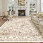 9x12 Beige Washable Vintage Area Rug for Living Room Bedroom Soft Tranditional Non Slip Large Throw Rug Lightweight Floral Low Pile Distressed Carpet Office Playroom Home Decor