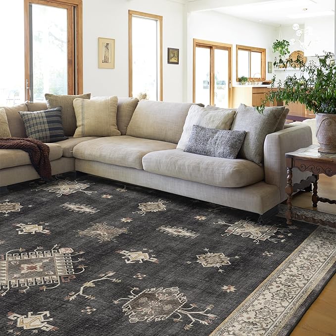RUGGABLE Washable Vintage Area Rug – Verena Dark Wood 10x14, Stain-Resistant, Non-Slip – Large Machine Washable Rugs for Living Room, Bedroom, Hallway, Entryway & Office–with Standard Pad