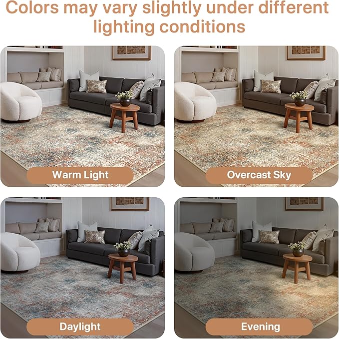 GENIMO Washable Area Rugs for Living Room, 10x14 Modern Non Slip Rugs, Low Pile Lightweight Soft Print Rug for Bedroom, Dining Room, Home Office, Multi