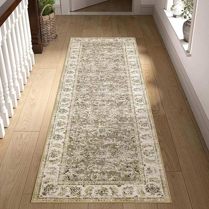 jinchan Fiora Runner Rug 2x6 Washable Hallway Runner - Vintage Floral Non Slip Low-Pile Soft Thin Kitchen Rug Distressed Carpet for Farmhouse Bedroom Entryway Laundry Room(2x6ft, Taupe)