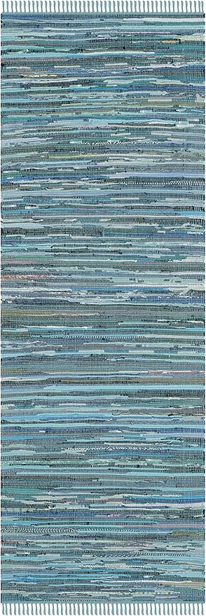 SAFAVIEH Rag Rug Collection Runner Rug - 2'3" x 11', Blue & Multi, Handmade Boho Stripe Cotton, Ideal for High Traffic Areas in Living Room, Bedroom (RAR121B)