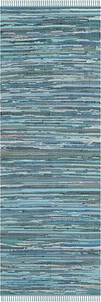 SAFAVIEH Rag Rug Collection Runner Rug - 2'3" x 9', Blue & Multi, Handmade Boho Stripe Cotton, Ideal for High Traffic Areas in Living Room, Bedroom (RAR121B)