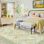 Kokia 9x12 Washable Sage Green Area Rugs with Vintage Orient Design, Soft Rug for Living Room or Bedroom, Non-Slip Low Pile Stain Resistance Features, Distressed Medallion Pattern