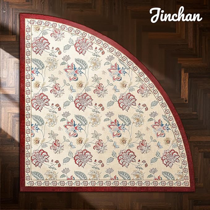 jinchan Elora Floral Corner Rug for Kitchen Washable Nursery Rug Vintage Romance Design Non Slip Quarter Circle Lightweight Low-Pile Throw Carpet for Playroom Reading Nook Office 5ft Radius, Red/Beige