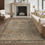 Bavni Washable Rug 6x9 Area Rug for Living Room Bedroom Dining, Washable Vintage Print Carpet, Ultra-Thin Chenille Low Pile Lightweight Rug with Non Slip Backing, Warm Taupe
