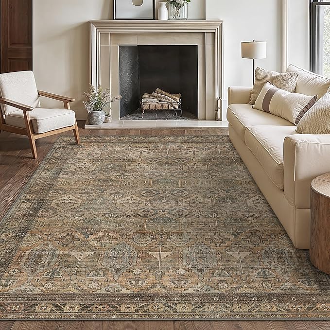 Bavni Washable Rug 5x7 Area Rug for Living Room Bedroom Dining, Washable Vintage Print Carpet, Ultra-Thin Chenille Low Pile Lightweight Rug with Non Slip Backing, Warm Taupe