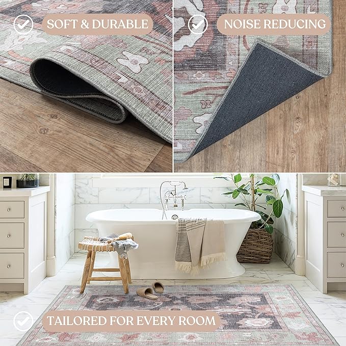 Fame Living Green Oushak Rug, Modern, Vintage, Turkish, Eclectic, Floral, Pastel, Washable, Area Rugs for Living Room, Dining, Bedroom, Office, Entryway, Foyer, Playroom, Nursery, 5'x6'9"