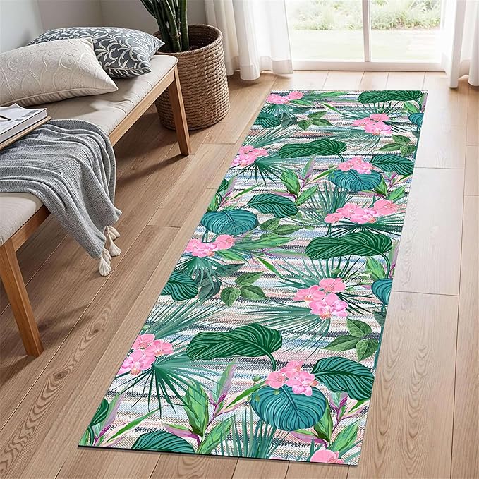 Tropical Runner Rug 2x6 ft - Floral & Leaf Print, Pink Flowers & Greenery - Non-Slip Easy Clean - Hallway, Living Room, Bedroom - Bohemian Watercolor Style
