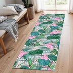 Tropical Runner Rug 2.6x10 ft - Floral & Leaf Print, Pink Flowers & Greenery - Non-Slip Easy Clean - Hallway, Living Room, Bedroom - Bohemian Watercolor Style