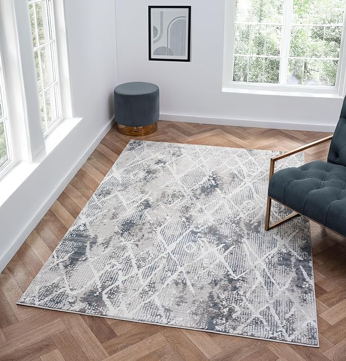 Adel Modern Area Rug for Living Room, 8x10 Rustic Distressed Abstract Large Blue Rug, Medium Pile Stain Resistant Carpet for Bedroom, Dining Room or Kitchen (8' x 10', Blue)