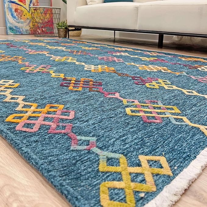Alfa Rich 3x10 Moroccan Blue Washable Area Rugs for Living Room Hallway Kitchen Decor Cotton Runner