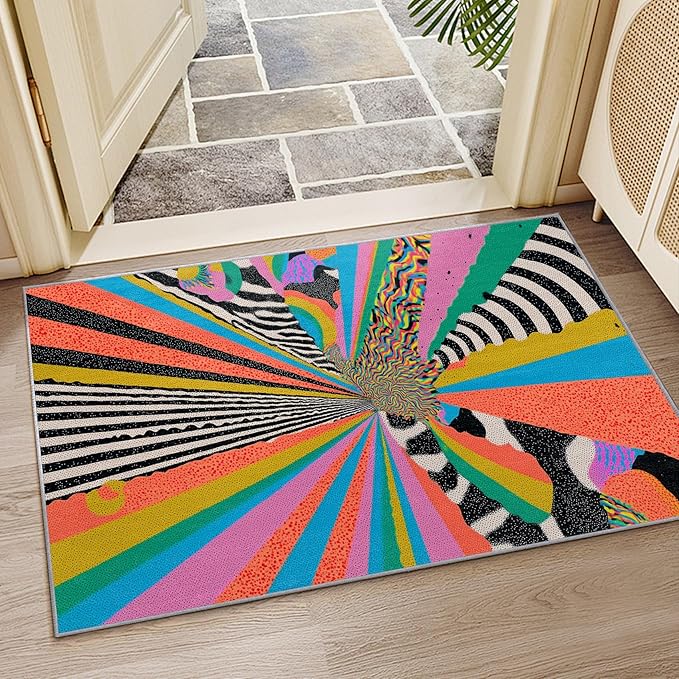 Colorful Area Rugs - Abstract Graffiti Art Rug 4x5, Hippie Aesthetic Funky High Traffic Shed Resistant Carpets Room Decor #C082