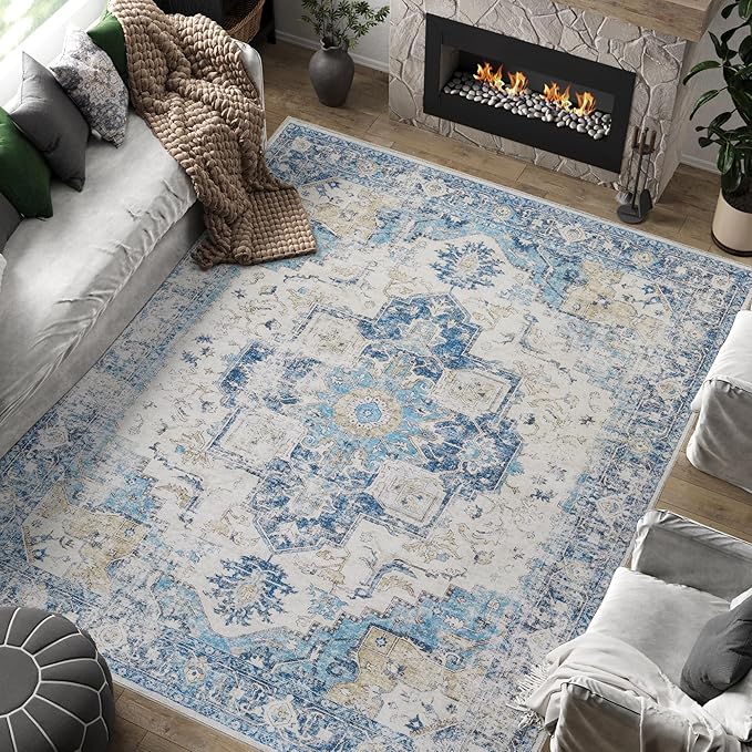 jinchan Kelda Area Rug 8x10 Washable Living Room Rug Vintage Soft Indoor Large Floor Cover Retro Distressed Mat Accent Lightweight Non-Slip Thin Carpet for Kitchen Bathroom Bedroom Blue