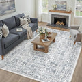 Navy Blue Area Rug 8x10 Machine Washable Large Vintage Living Room Distressed Non Slip Carpet Traditional Indoor Bedroom Retro Floral Accent Throw Rug for Office Kitchen Dining Room