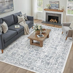 Navy Blue Area Rug 8x10 Machine Washable Large Vintage Living Room Distressed Non Slip Carpet Traditional Indoor Bedroom Retro Floral Accent Throw Rug for Office Kitchen Dining Room