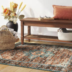 Moynesa Ultra-Thin Washable Vintage Area Rug - 3x5 Boho Non-Slip Entryway Rug Oriental Medallion Living Room Rug Entrance Mat Carpet for Kitchen Laundry Bathroom Bedroom, Brick Red/Dull Teal