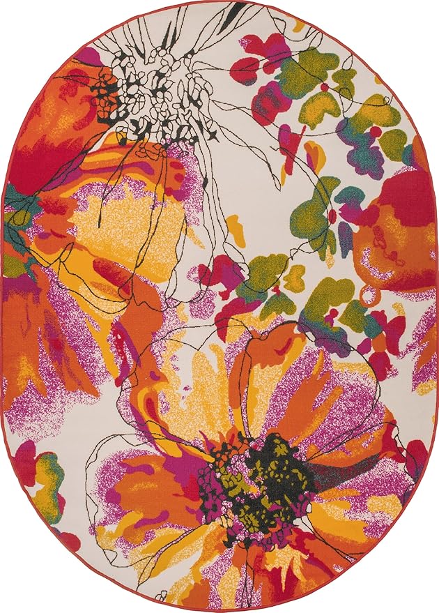 Rugshop Multi Bright Flowers Non Slip Non-Shedding Oval Area Rug for Dining Room, Living Room and Bedroom, 5' x 7'