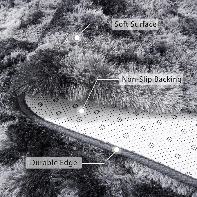 Beglad Fluffy Area Rugs 4x6 Feet, Modern Minimalist Style Shag Rugs, Non-Slip Indoor Carpet Soft Rugs for Bedroom, Living Room & Kids Room, Tie-Dyed Black&Dark Grey