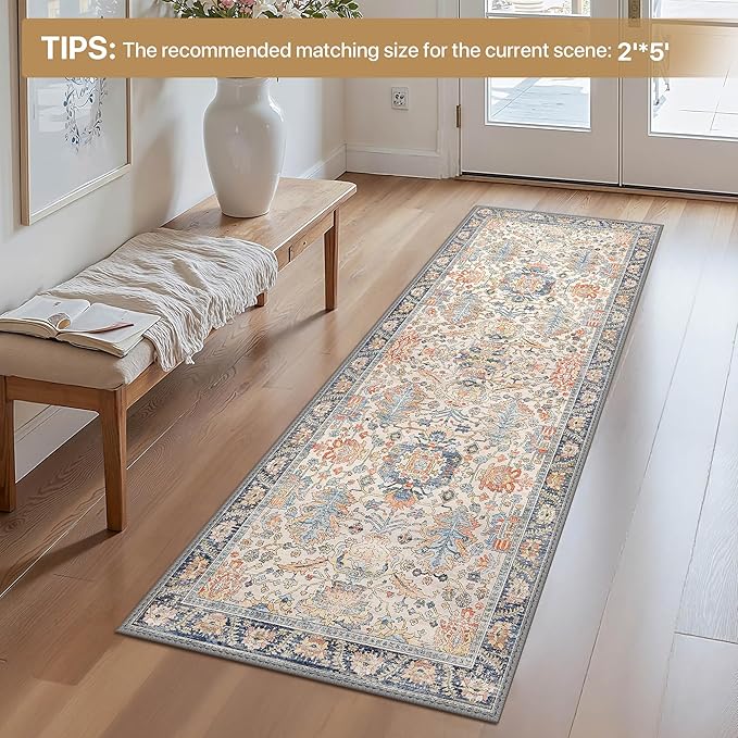 Bavni Runner Rug, Machine Washable Rugs for Bedroom 2x5, Non Slip Boho Rugs with Rubber Backing, Ultra-Thin Folable Rug Runner for Hallways Bathroom, Teal/Multi