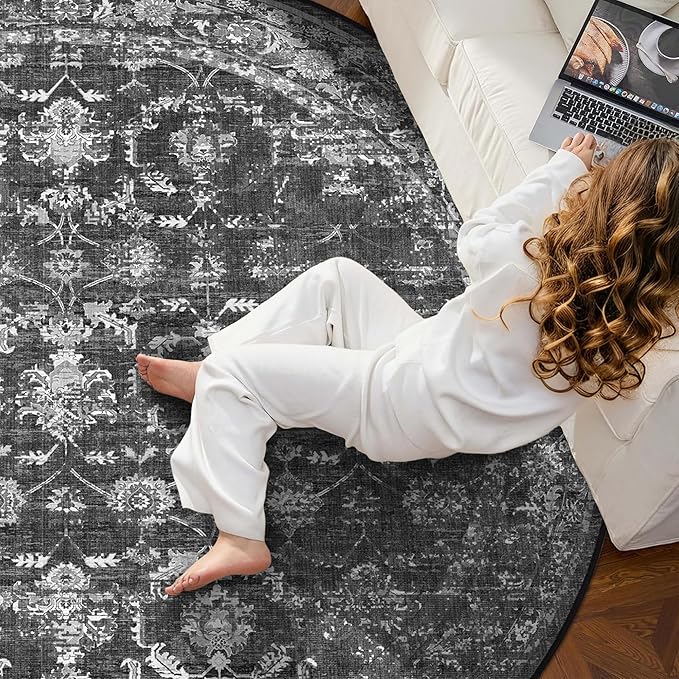 6ft Round Washable Area Rugs for Living Room, Vintage Boho Large Rug for Bedroom Dining Room Office, Distressed Floral Print Carpet for Under Table, Soft Non Slip Low Pile Throw Indoor Mat, Black