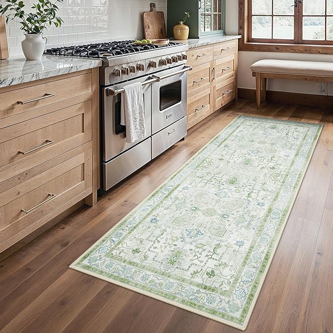 Runner Rug 2'6''x6 Non Slip Machine Washable Vintage Hallway Runner Rug, Low PileLight Weight Rugs for Entryway, Hallway, Kitchen and Corridor, Cream Green